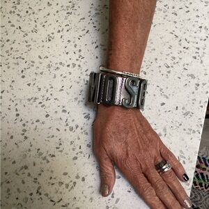 Moschino *AUTHENTIC* Letter Bracelet Gun Metal on Silver Gray Leather